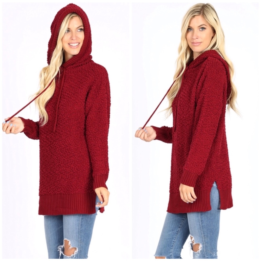 Burgundy Hooded Long Sleeve Popcorn Sweater - Picture 1 of 4